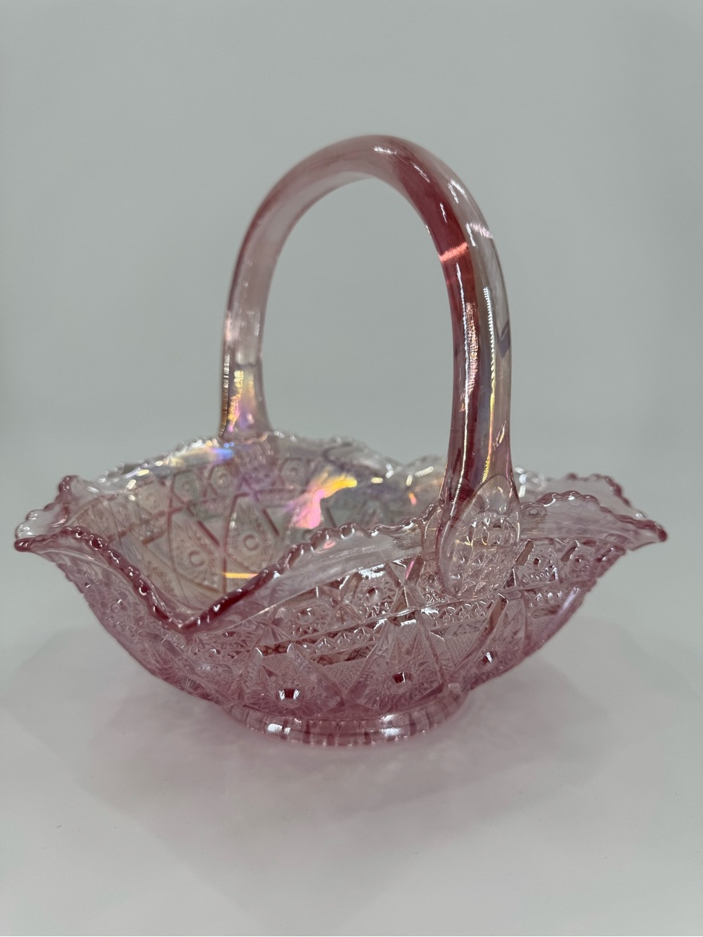 Vintage LE Smith Pink Carnival Glass Quintec Basket Rosewood Luster